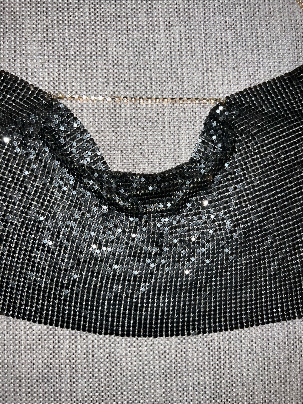 Black Rhinestone Chainmail Cowl Neck Crop Top